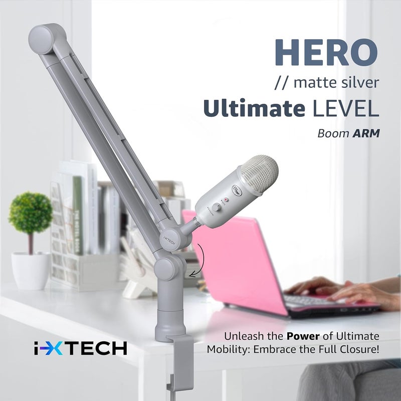 i-XTECH Boom Arm - Adjustable 360° Rotatable Microphone Sturdy Stainless Steel Mic Desk, Table Stand Foldable Scissor Stable Mount Arms for Radio Studio, Podcast, Gaming (MATTE SILVER) - Image 5
